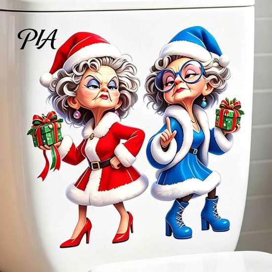 Decorative Xmas Toilet Tank Stickers Christmas Granny Sticker, Funny Cartoon Mrs. Claus Decal, Waterproof Durable PVC Decals Self Adhesive Decal