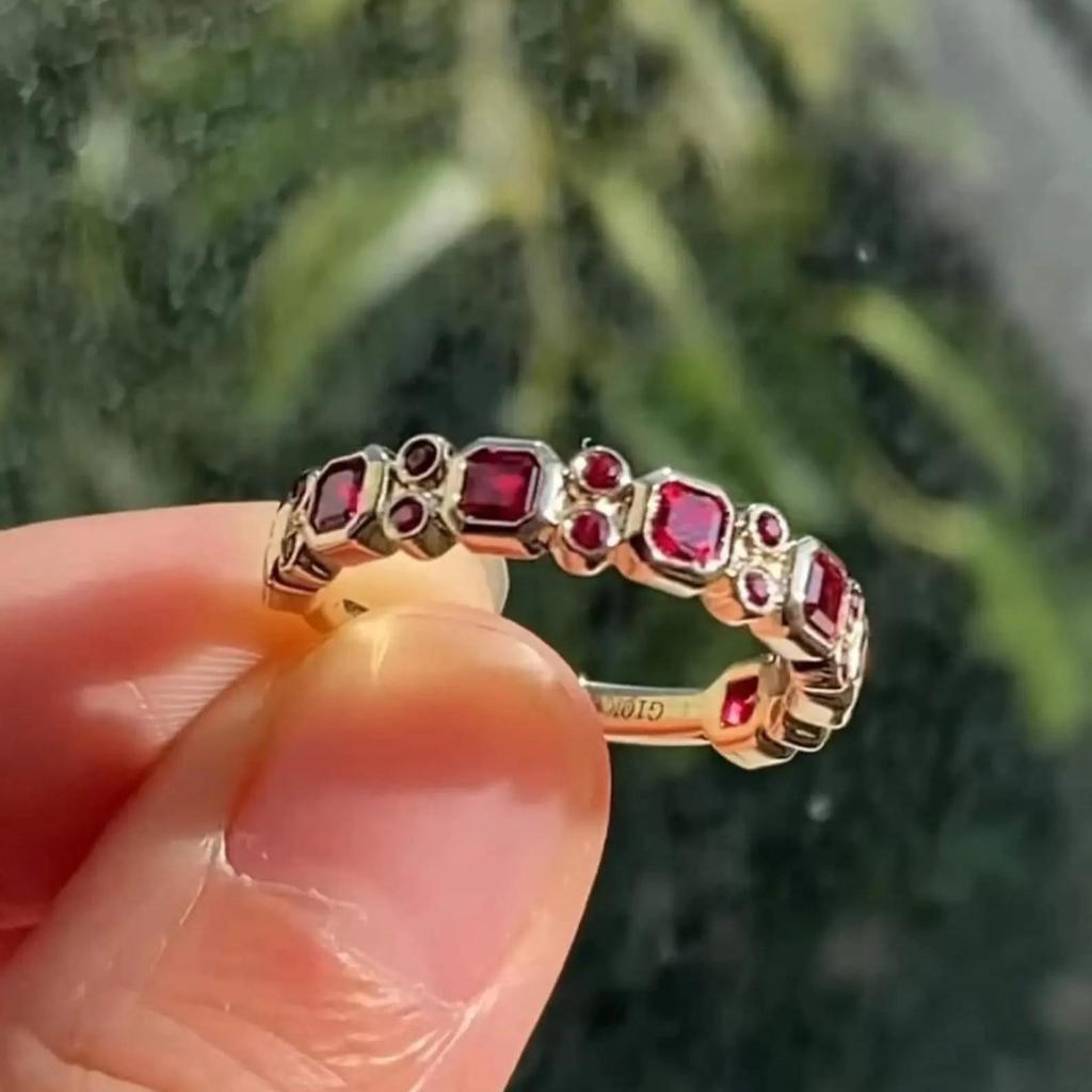 Princess and Round Cut Lab Ruby Half Eternity Ring: Rose Gold Plated Bridal Band: Art Deco Wedding Jewelry Gift for Women