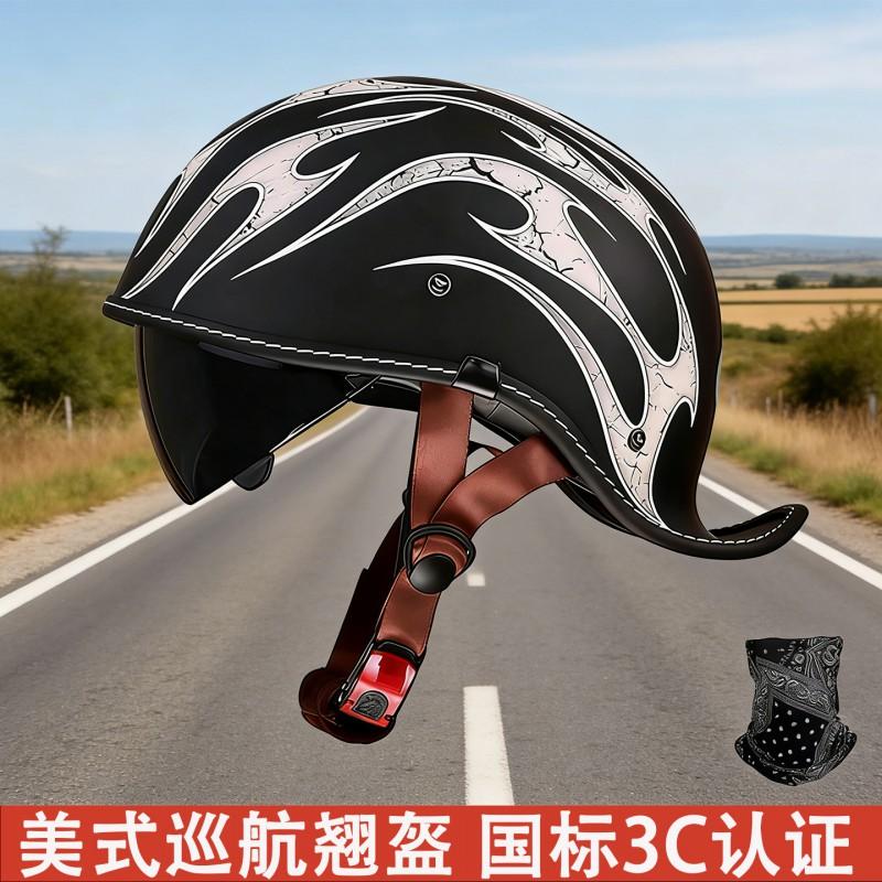 Mens Retro Motorcycle Half Helmet With Chin Strap ABS Shell 3C Certified Street Riding Daily Commute