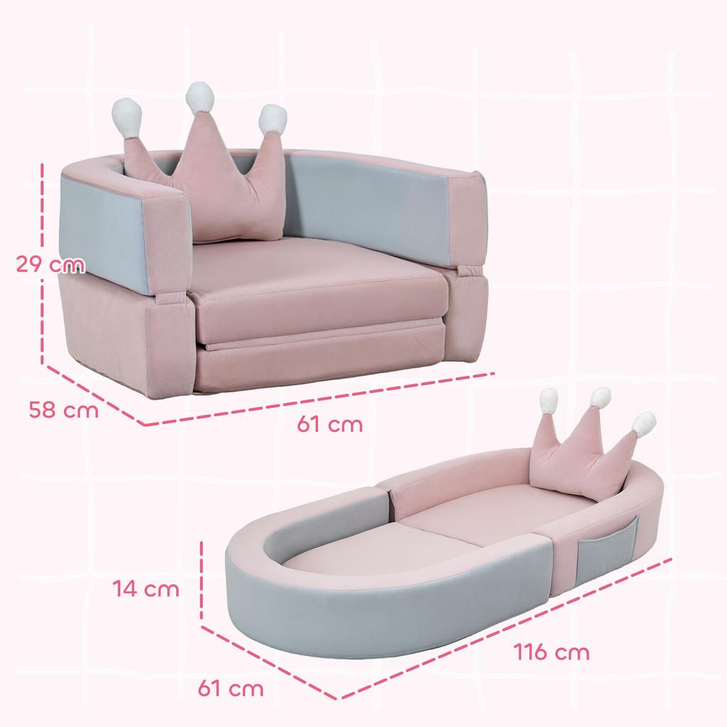 Children's Sofa Convertible into Bed and Play Area with Crown Cushion 116x61x14 cm Pink and Greyish Blue
