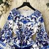Autumn Vintage Brand Designer Print Runway Dresses Women Flare Sleeve Mini Short Party Dress
