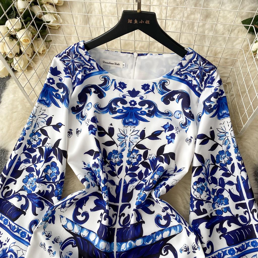 Autumn Vintage Brand Designer Print Runway Dresses Women Flare Sleeve Mini Short Party Dress