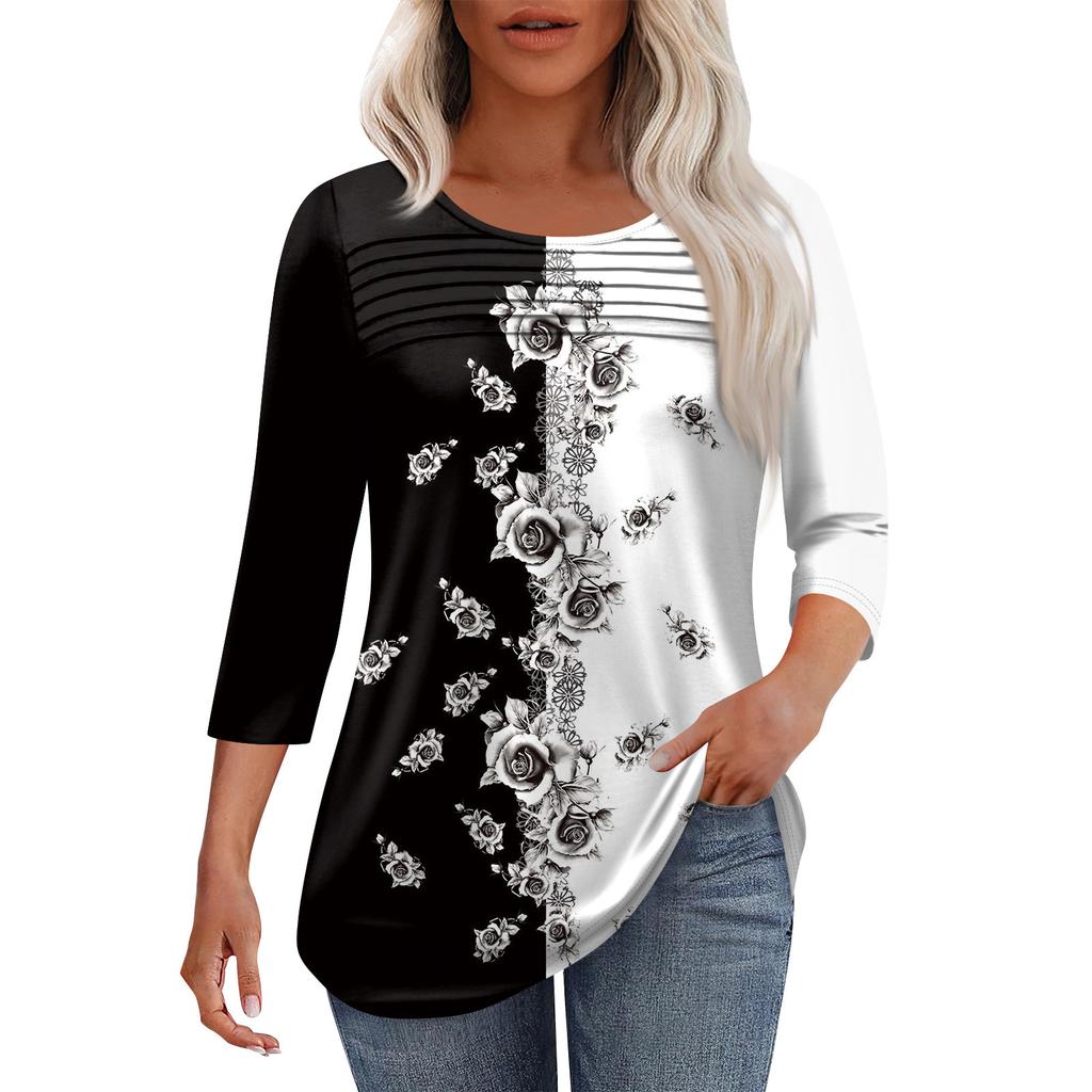 Женская мода круглый вырез горловины плиссированная передняя планка топ рукав 3/4