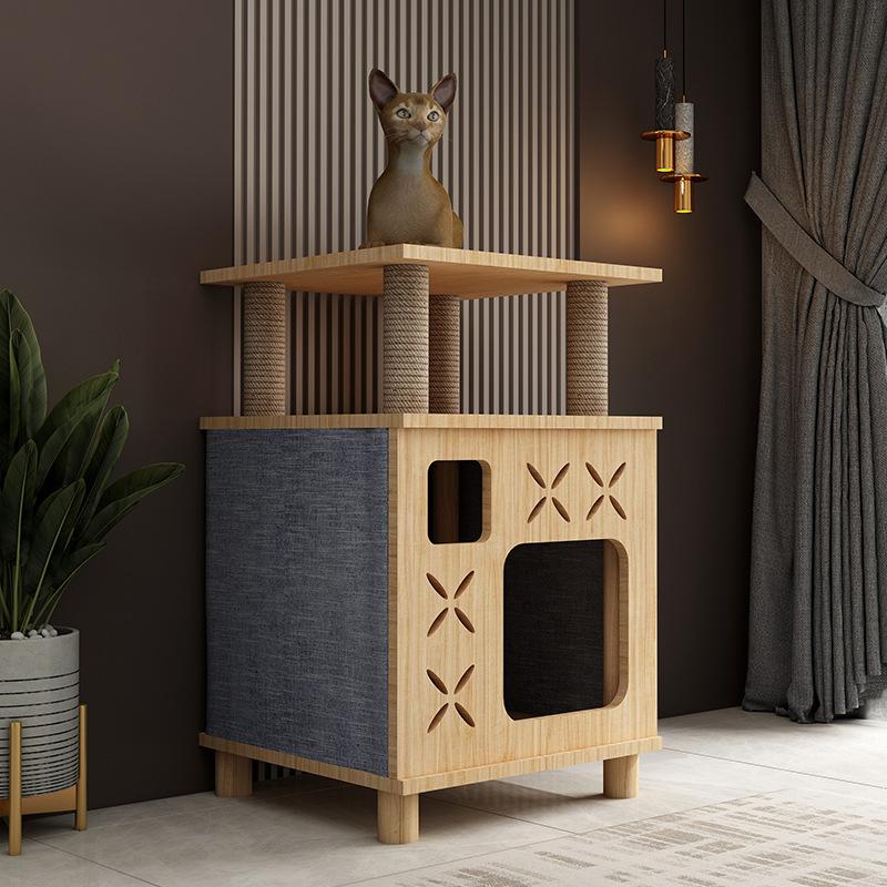 Cat Nest Solid Wood Four Seasons Universal Cat Villa Closed Cat House Cat Climbing Frame Bedside Table for People and Cats Sharing Stool