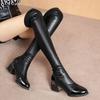 Fashion Leather Thigh High Ladies Knee Shaft Shoes Pointed Toe Black Above Over The Women's Long Boots Elastic Middle Heel Goth 2024 New