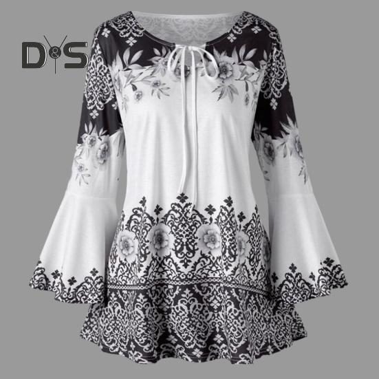 Женский топ с цветочным принтом, рукавами с рогами, трапециевидной формы, свободный подол, зашнуровать шею, облегающий крой, узкая талия, контрастный цвет, женская весенне-осенняя блузка, топ