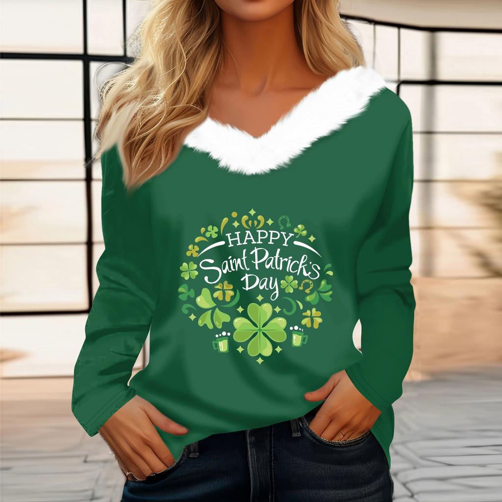 Женская футболка St. Рубашка с принтом Патрика, длинный рукав, праздничная атмосфера, флисовый воротник, топ с V-образным вырезом