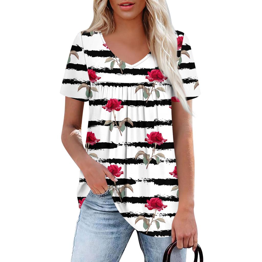 Women's Casual V-Neck Short Sleeve Chest Ruffle Printed Top