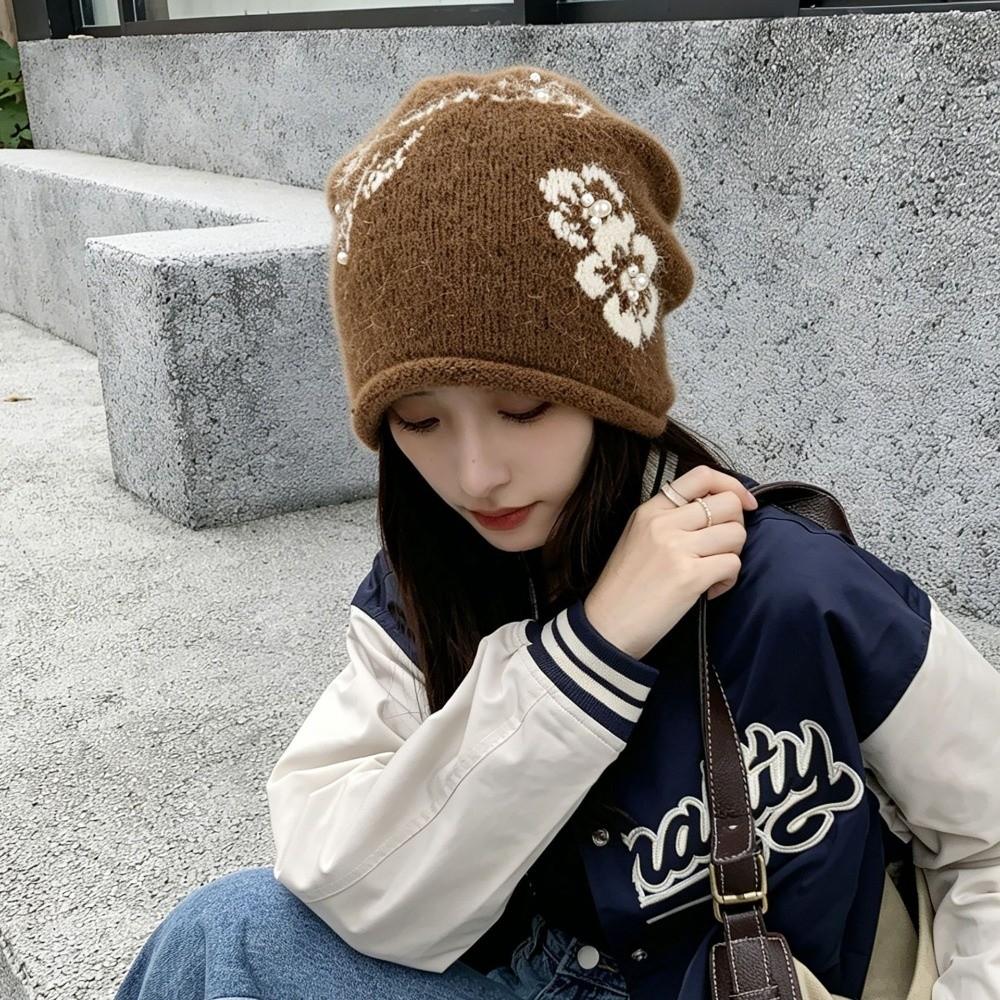 Ear Protection Floral Slouchy Beanie Windproof Fall Winter Cold Hat Jacquard Knit Hat Casual
