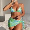 Swimsuit Women's Split Three Piece Tie Dye Halter Neck Drawstring Printed Bikini Suits