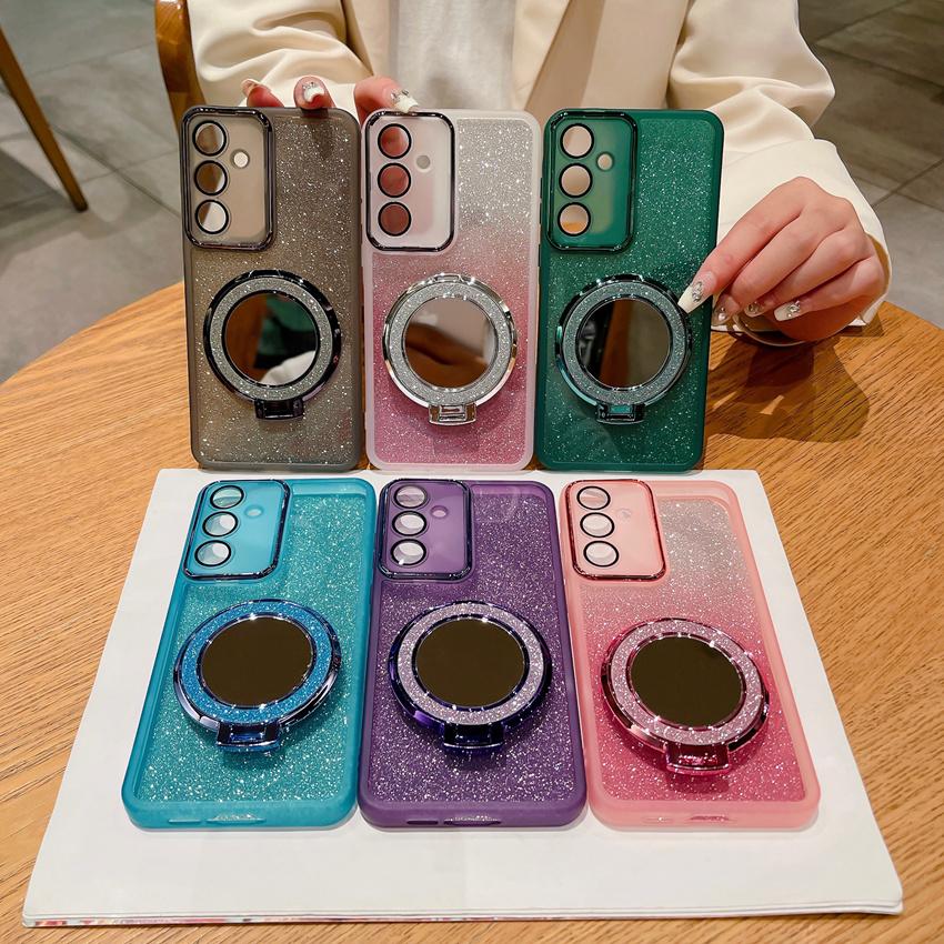 Makeup Mirror Phone Case For Samsung Galaxy A04 A04S A04E A12 A13 A14 A22 A23 A24 A32 A33 A34 A52 A53 A54 5G Glitter Stand Cover