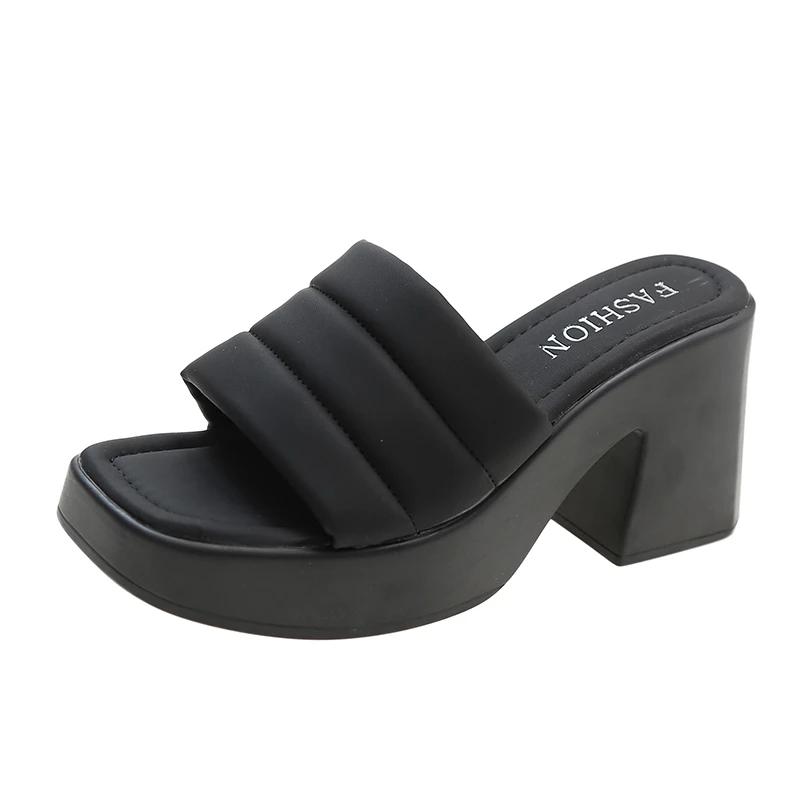 Fashion New Women's High Heel Slippers Summer Leather Open Toe Platform Slippers Black Versatile Casual Beach