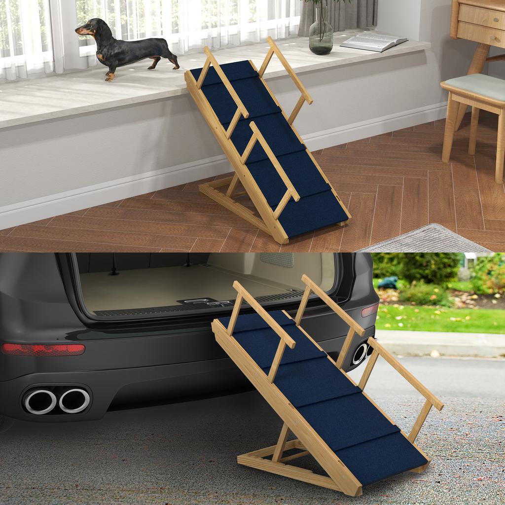 Dog Ramp, Height-Adjustable, Foldable, Railing, for Dogs up to 40kg, Wood Frame, 85 x 40 x 61 cm, Black