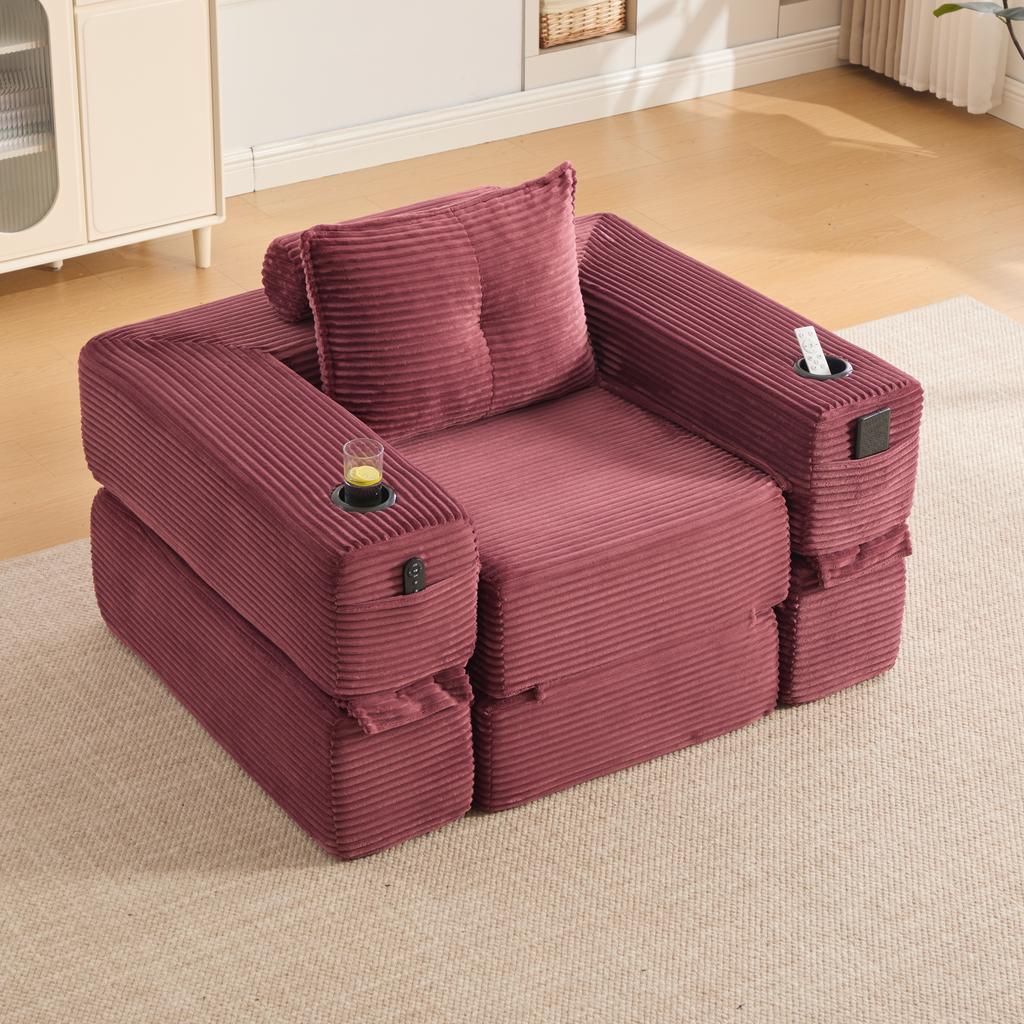 Corduroy Folding Sofa with foam & spring core for a shape-stable seat, side pocket + cup holder, armrest with zipper, vacuum-packed, easy assembly.