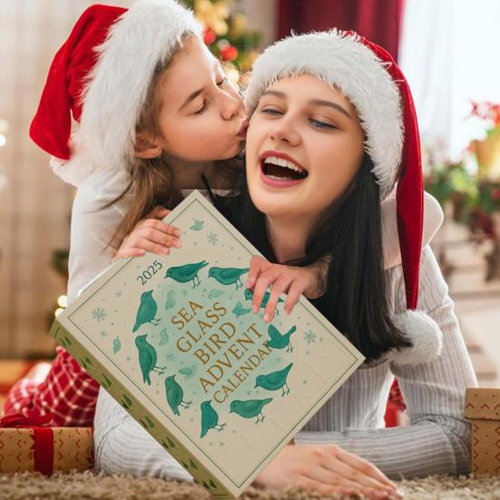 Календарь ожидания Рождества «Птица из морского стекла» 2025 24-дневная коробка для отсчета дней до Рождества с акриловыми украшениями в виде птиц Уникальный праздничный подарок для любителей природы
