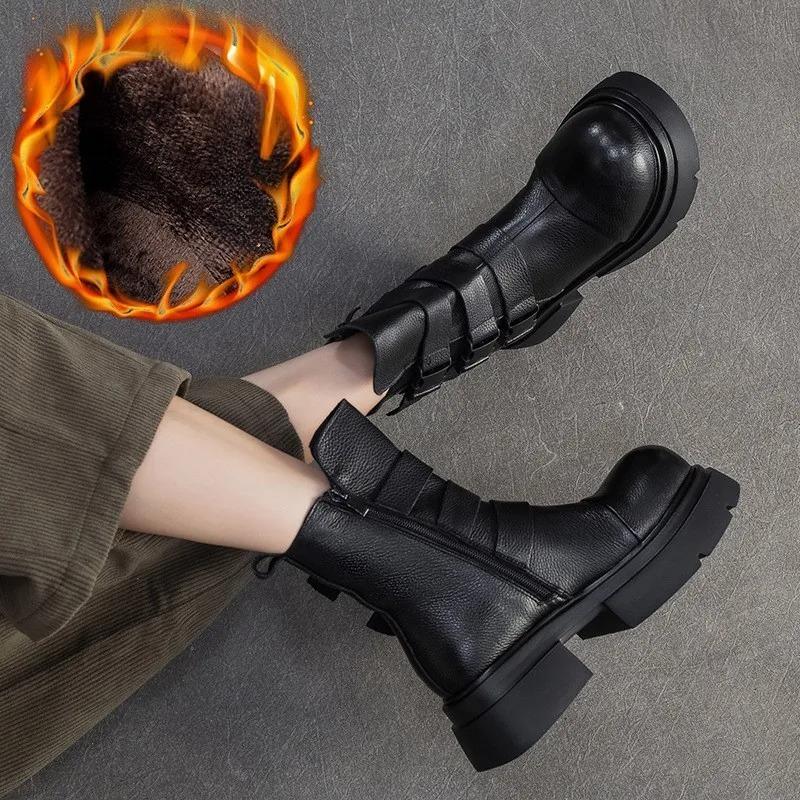 Johnature Plush Warm British Style Mid-calf Boots Genuine Leather Thick Soled Women's Shoes