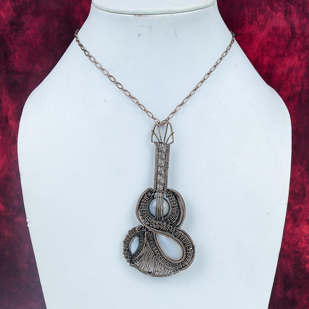 Rainbow Moonstone Pendant Gemstone Jewelry Copper Wire Wrapped Guitar Pendant