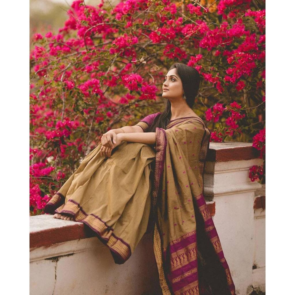 Шелковое сари из магазина АЛМААРИ украшено красивой вышивкой Зари в виде традиционных мотивов.