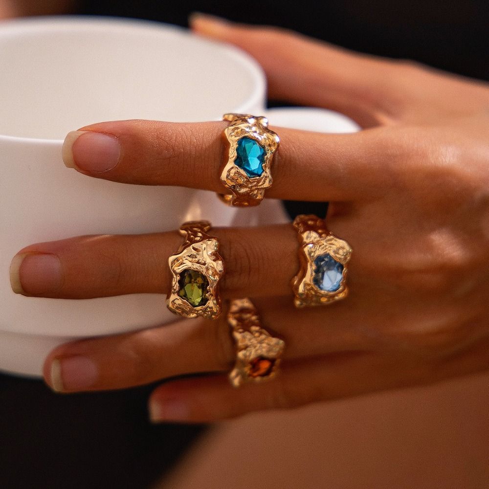 4Pcs Gold Silver Rhinestone Open Ring Irregular Exaggerate Rings Colored Gemstone Rings  Party