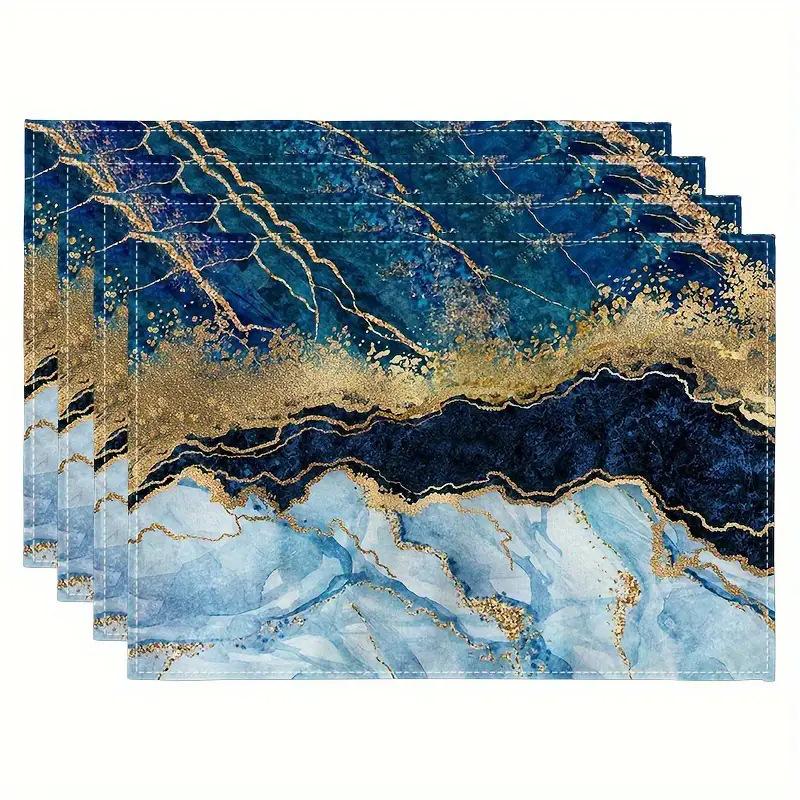 Luxury Marble Placemats Set, Blue & Gold Vein Abstract Print, Non-Slip Heat Resistant Table Mats for Dining Decor 4pcs