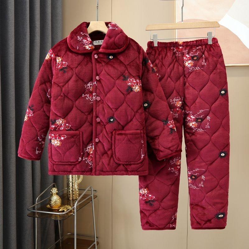 Утепленная пижама женская зимняя трехслойная коралловый флис с хлопковой подкладкой можно носить на улице, плюс милый комплект для дома