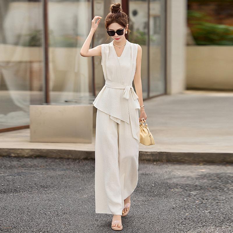 Королевский стиль Фан безрукавный жилет модный костюм женский летний новый уменьшающий возраст лен широкие брюки комплект из двух предметов