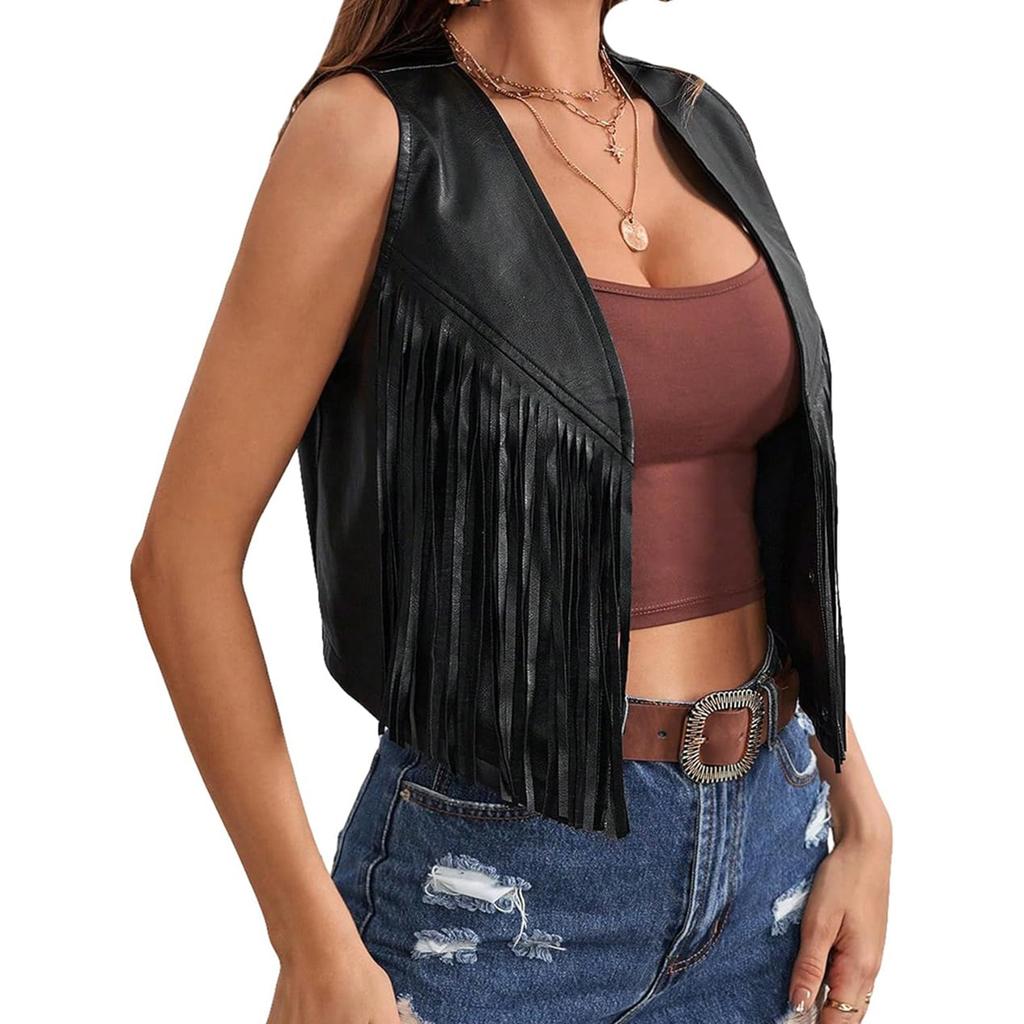 Женский кожаный жилет с кисточками 70-х годов, костюм хиппи, без рукавов, ковбойский, западный, верхняя одежда