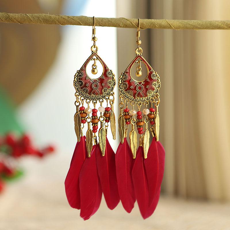 Bohemian Long Feather Drop Dangle Earrings For Women Beaded Handmade Carved Heart Enameled Earrings Boho Vintage Indian Zircon