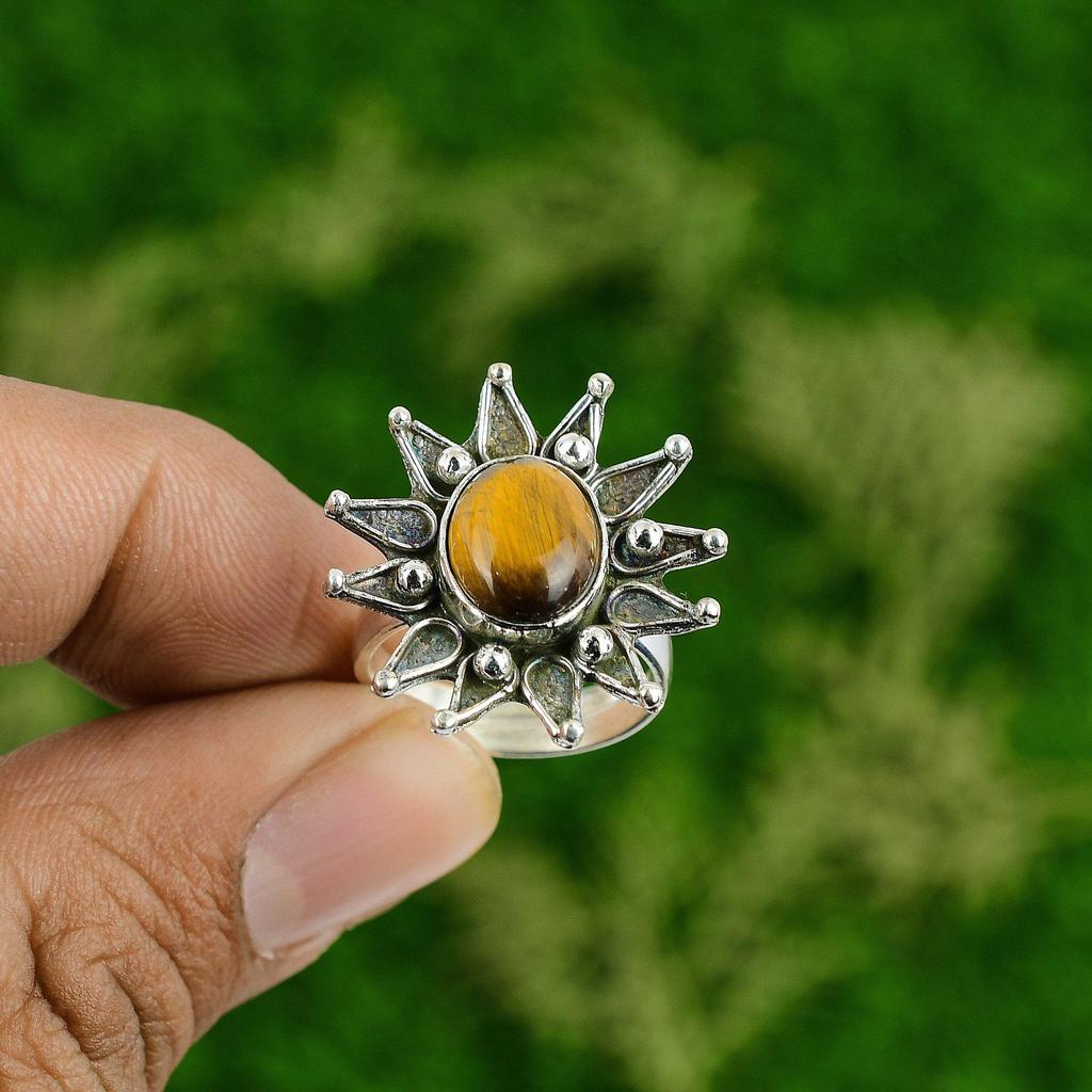 Tigers Eye Stone New Promise Flower Engagement Ring Jewelry 925 Sterling Silver