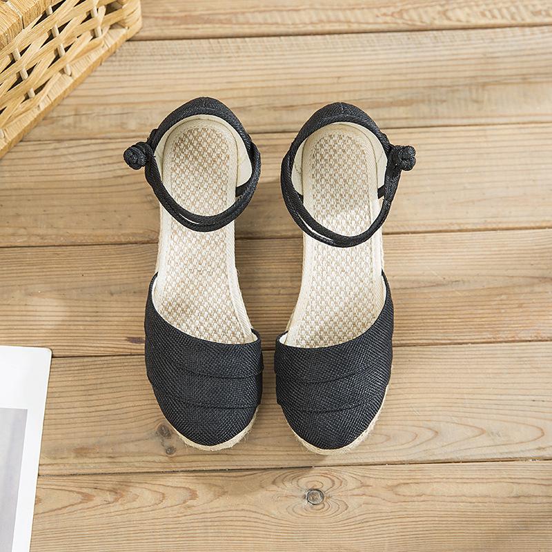 Women's Ethnic Style Summer Wedge Sandals - Breathable Linen with One-Strap Buckle and High Heel Design