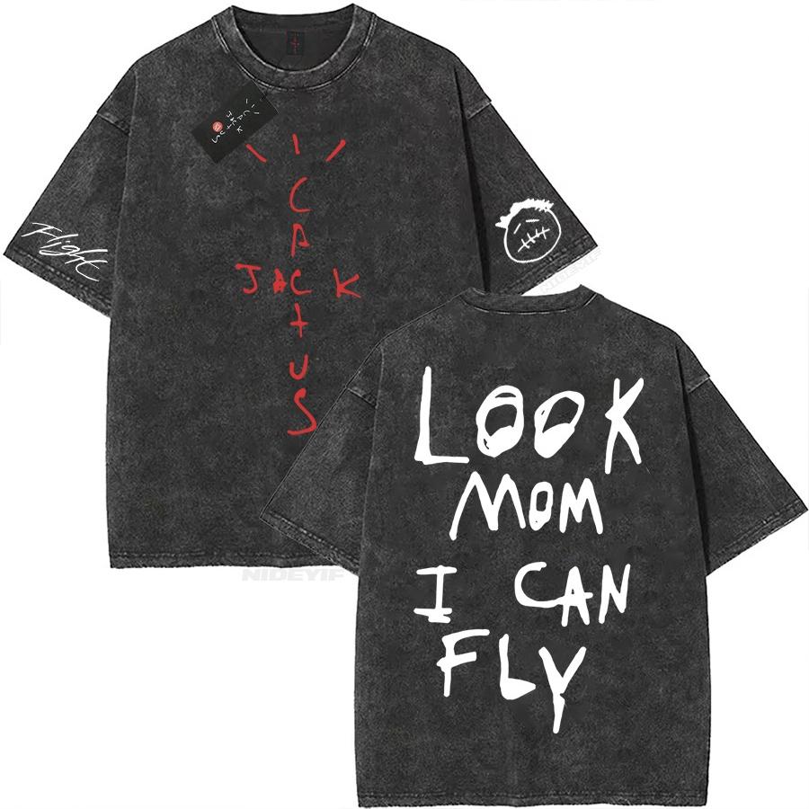 2026 Hot Sale Cotton Oversized T Shirt for Men Women HipHop Washed T Shirts Cactus Jack Short Sleeve Gift Tops Look Mom I Can Fly Short Sleeve Tee Top