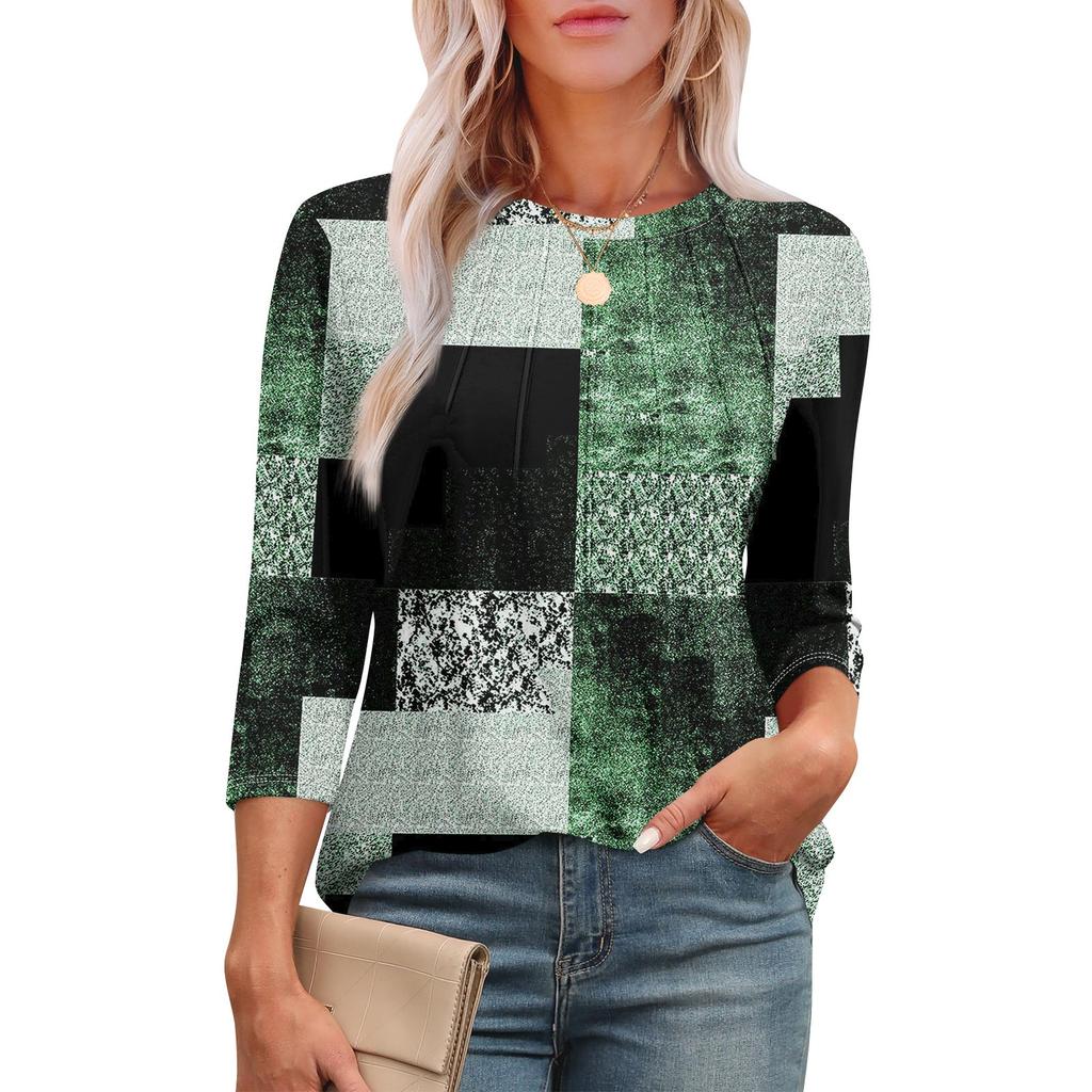 Женская модная футболка с круглым вырезом и рукавом 3/4 с принтом, повседневная, базовая, плиссированная, пуловер