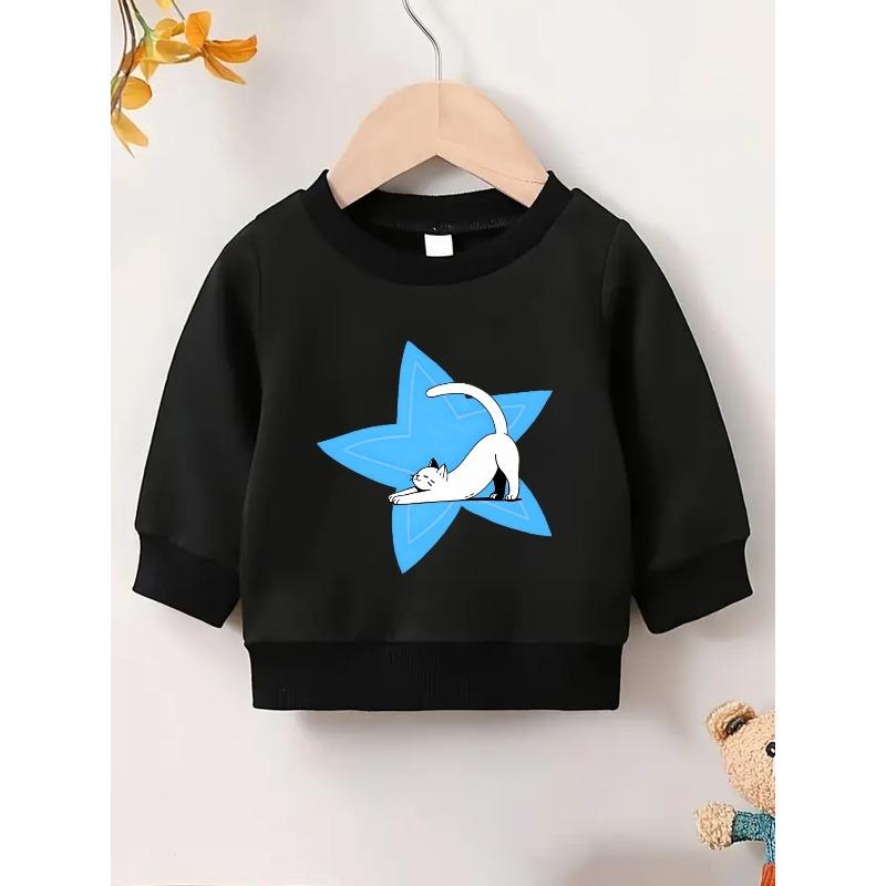 Kids Lightweight Crewneck Pullover Sweatshirt, Cartoon White Kitten Graphic Print