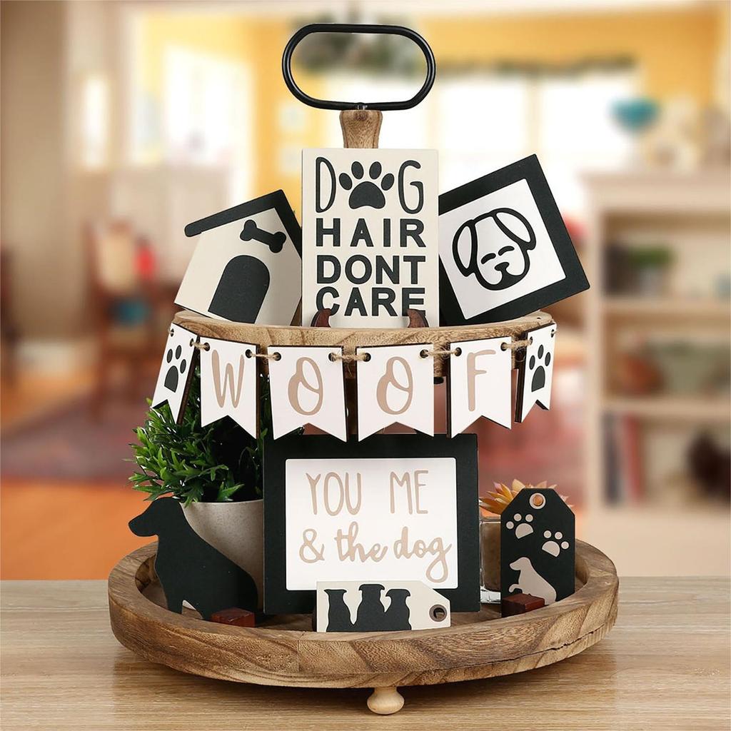 Dog Tiered Tray Decor Wooden Sign Festive Rustic Table Centerpieces For Home Kitchen Coffee Bar Party Supplies