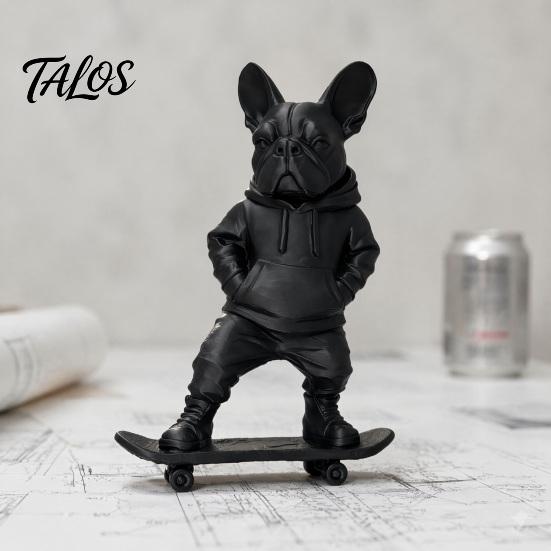 Настольная фигурка для офиса, 3D-печатная статуэтка бульдога на скейтборде, французское украшение, универсальное украшение для помещений и улицы, скульптура собаки в толстовке с капюшоном