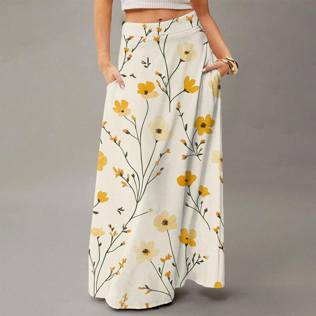 Женская повседневная складная юбка макси с цветочным принтом, высокой талией и карманом, с драпировкой