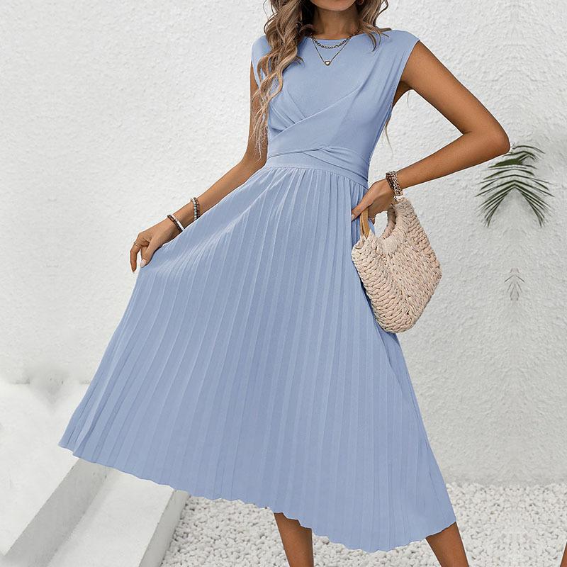 YYFS Women's Fashion Summer Spring Solid Color Print Sleeveless O-Neck High Waist Casual Dresses