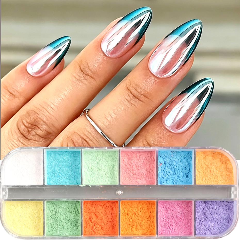 Xiaomi 12 Grids Mermaid Aurora Chrome Nail Powder Iridescent Mirror Pigment Dust Pink White Blue Pearl Glitter Manicure Art Decorations