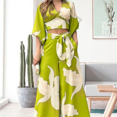 2 шт./компл., рабочая одежда с высокой талией и принтом, модная женская повседневная одежда с 3D кроем и цветочным принтом, короткий топ, длинные брюки, повседневная одежда