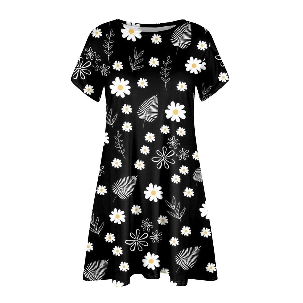 Женские летние платья с короткими рукавами, повседневное свободное платье с круглым вырезом, удобный пляжный сарафан с карманами