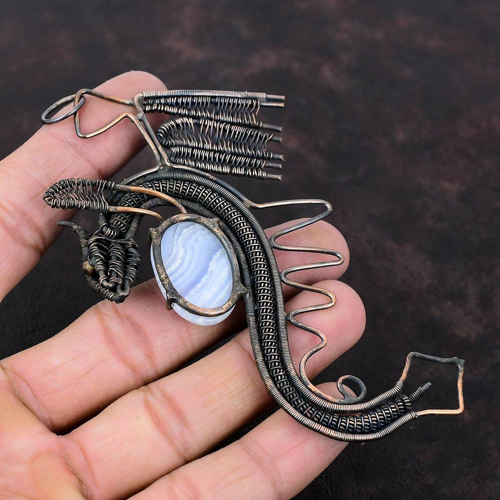 Синий Кружевной Агат Кулон Медная Проволока Обернутый Кулон Дракон Кулон Медные Ювелирные Изделия Ручной Работы Совершенно Новый Кулон Ювелирные Изделия Из Драгоценных Камней Свадебные Подарки