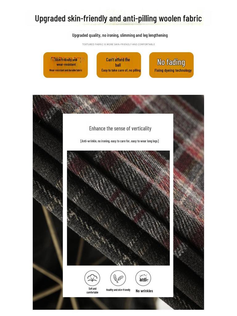 Women's Retro High-Waist Wool Plaid Pants - Contrast Color, Wide-Leg, Floor-Length, Velvet-Lined for Autumn/Winter 2024