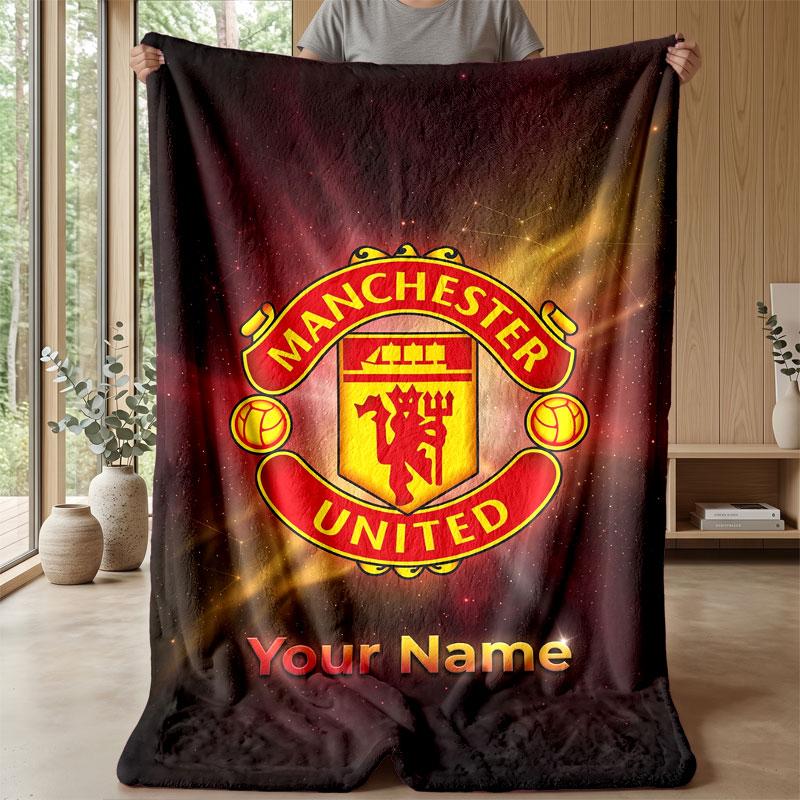 Manchester United Custom Name Text Flannel Blanket Soccer Logo Personalized Fleece Throw Blanket Special Gift For Sofa Bedroom Home