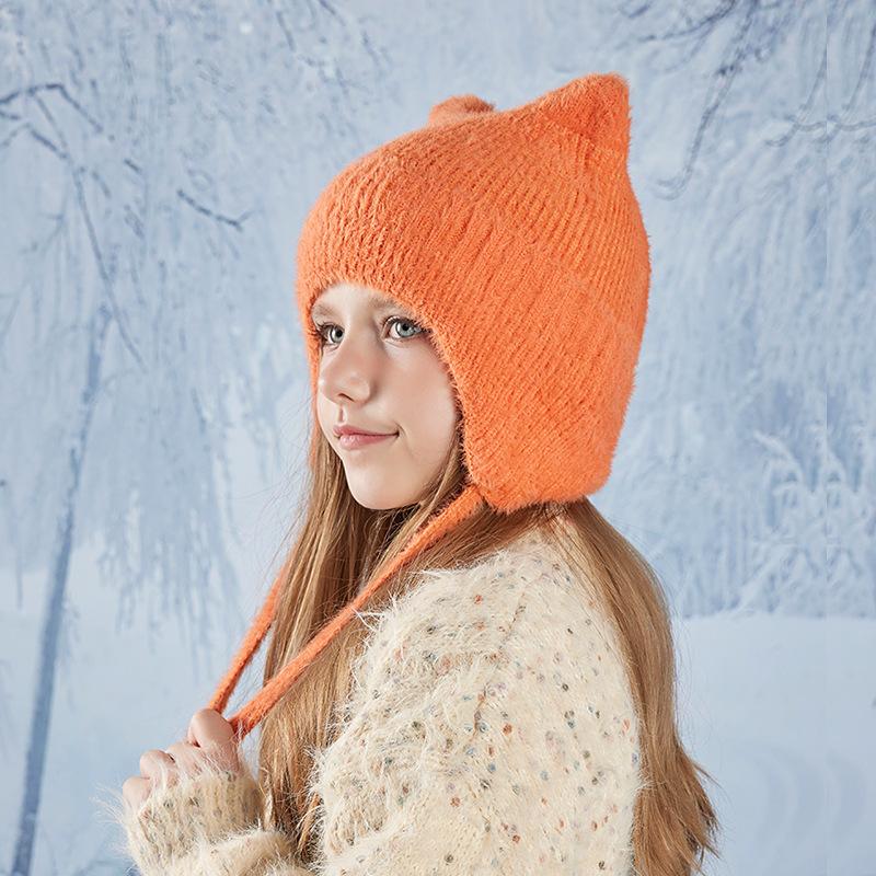 Детская шапка зимняя для мальчиков и девочек, теплая, защитная шапка для ушей, вязаная шерстяная шапка с мультяшными ушками для кошек