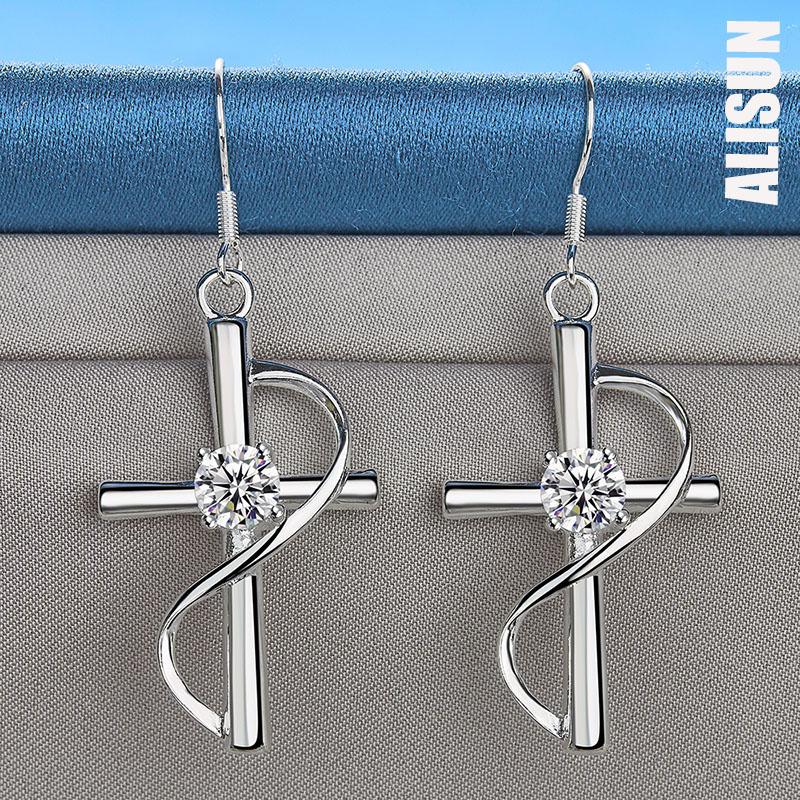 925 Sterling Silver Cross AAA Zircon Pendant Piercing Earrings Fashionable Wedding Jewelry