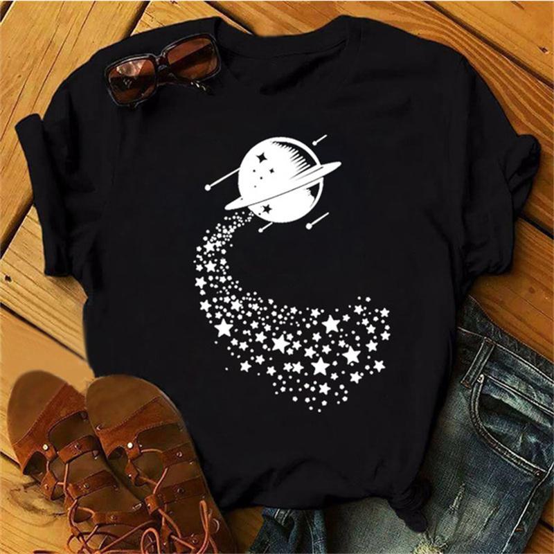 Maycaur Woman Star Moon Print Harajuku Летние футболки Повседневная футболка с круглым вырезом и коротким рукавом Женская черная футболка Прямая поставка