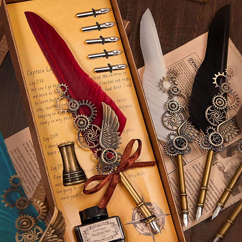 Carving English Calligrap Glittering Quill Pen Set Feather Dip Pen Feather Pen Set Writing Dip Pen