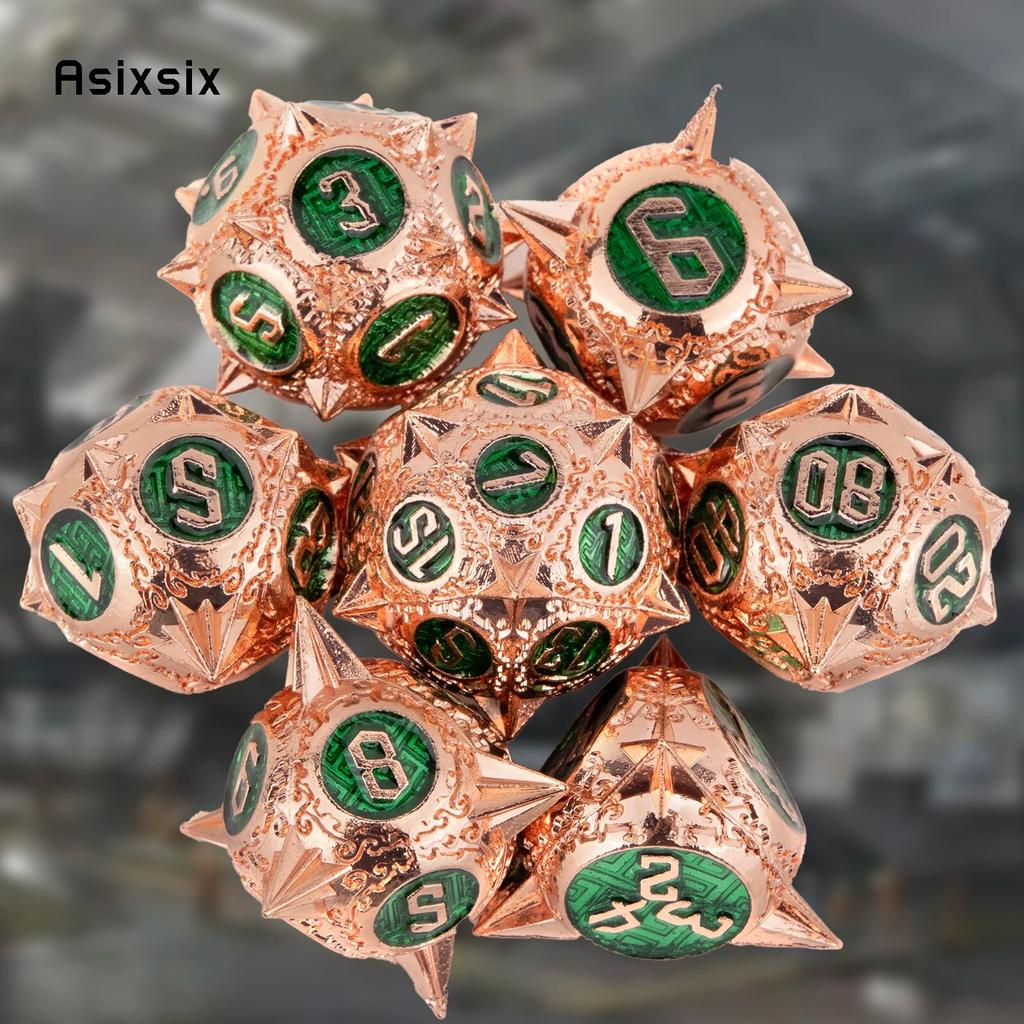 7 Pcs Copper Green Meteor Hammer Metal Dice Solid Metal Polyhedral Dice Set Suitable for Role-Playing RPG Board Game Card Game