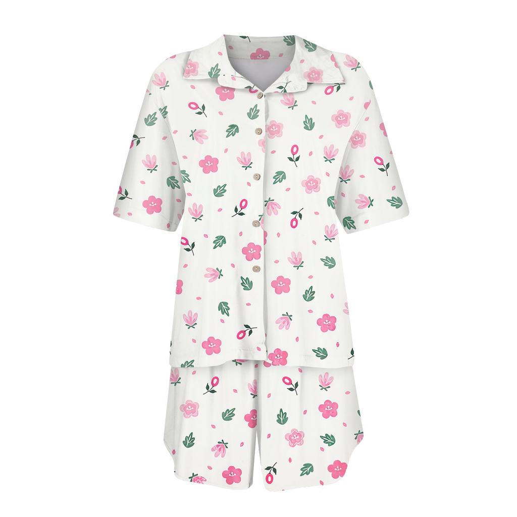 Women's Silk Pajamas Button Homewear Floral Print Short Sleeve Satin Pajama Set 2 Piece Set