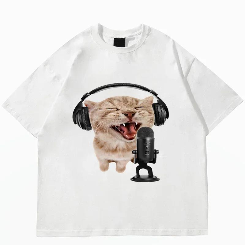 Top Style Noble Cat Love Music T-shirt Cute Cat Print Short Sleeve T-shirt Men's Harajuku Fashion Couple Loose Street Style Y2K
